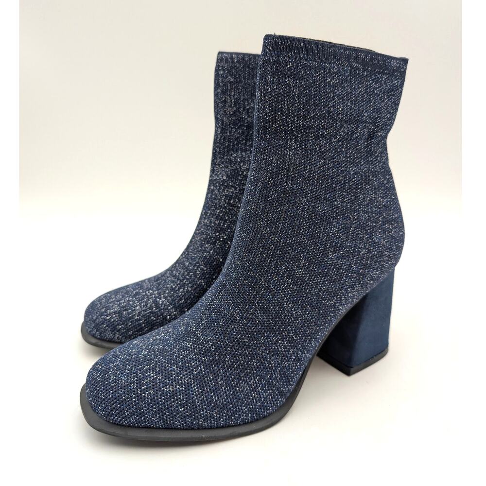 Mia Piana Block Heel Ankle Boots Round Toe Women's Navy Silver Size US6M EU36